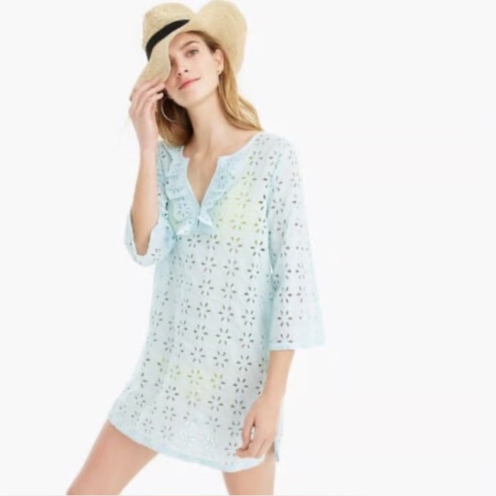 🏷️ NWT J. Crew Ruffled Beach Tunic in Ivory Laser-Cut Cotton Eyelet Mini -Medium